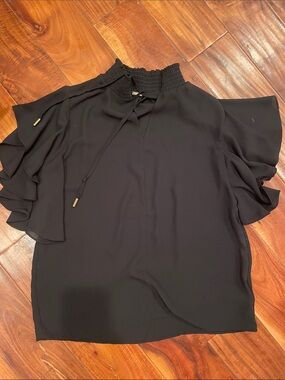 Tahari Black Ruffle-Sleeve Tie-Neck Blouse